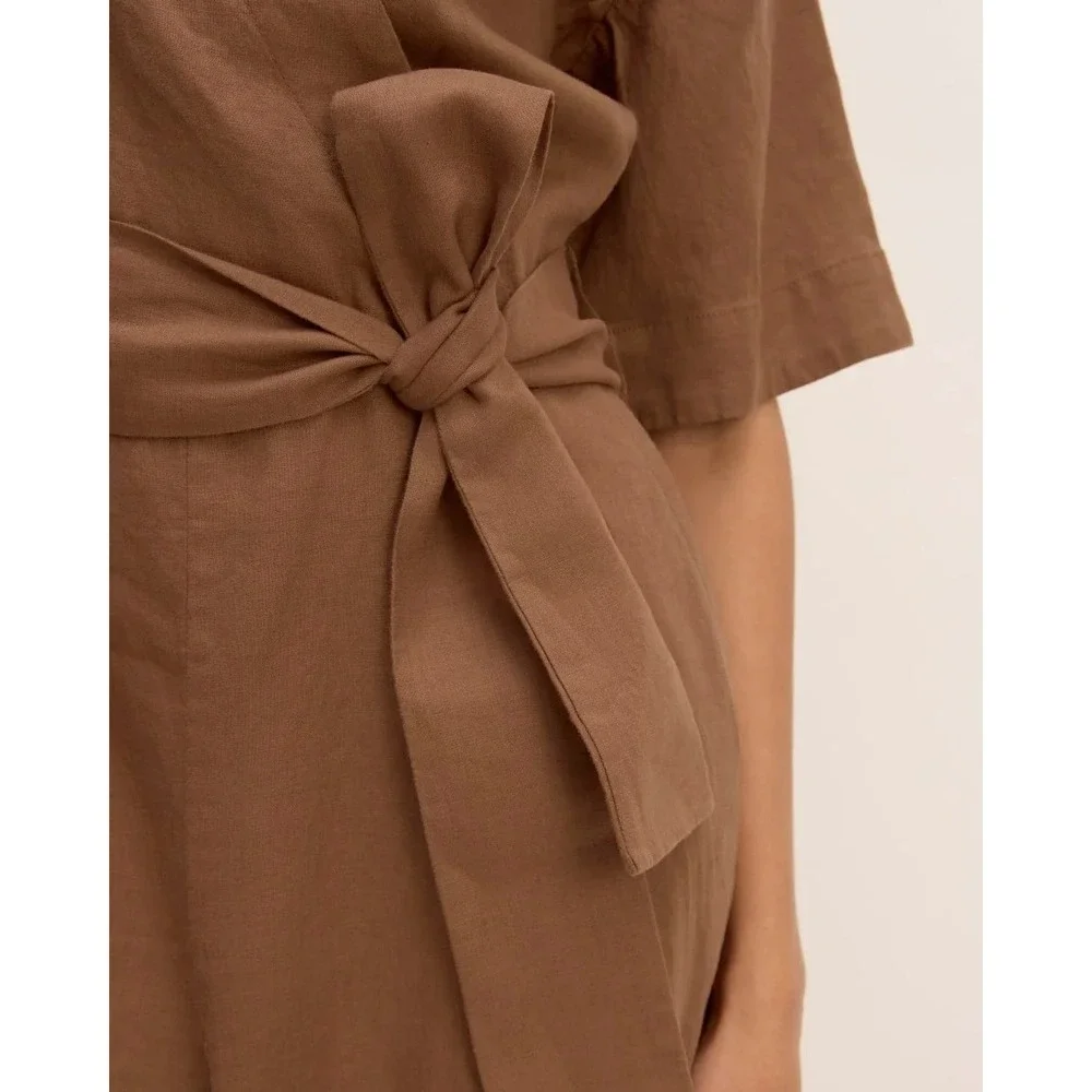 Everlane The Wrap Jumpsuit Brown Linen Blend Wrap V-Neck Wide Leg Belted Size 0